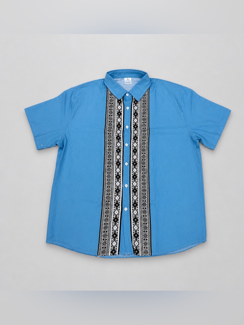 Men’s Blue Button Down Short-Sleeve Casual Shirt with Black Patterned Size XL